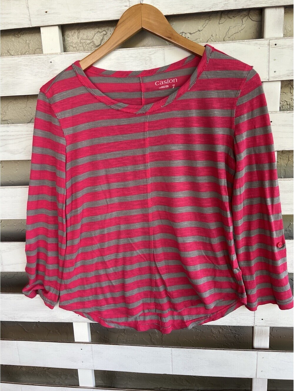 Caslon Pink Gray Striped Short Long Roll Tab Sleeve Tee Shirt Top XS